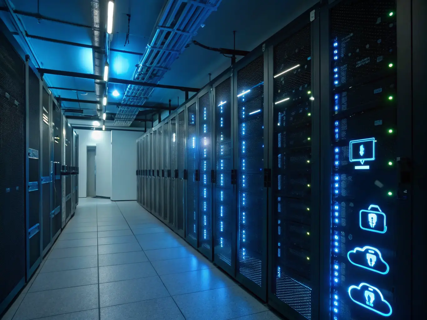 An illustration of a secure server room with encrypted data flowing, representing the robust security measures in place.