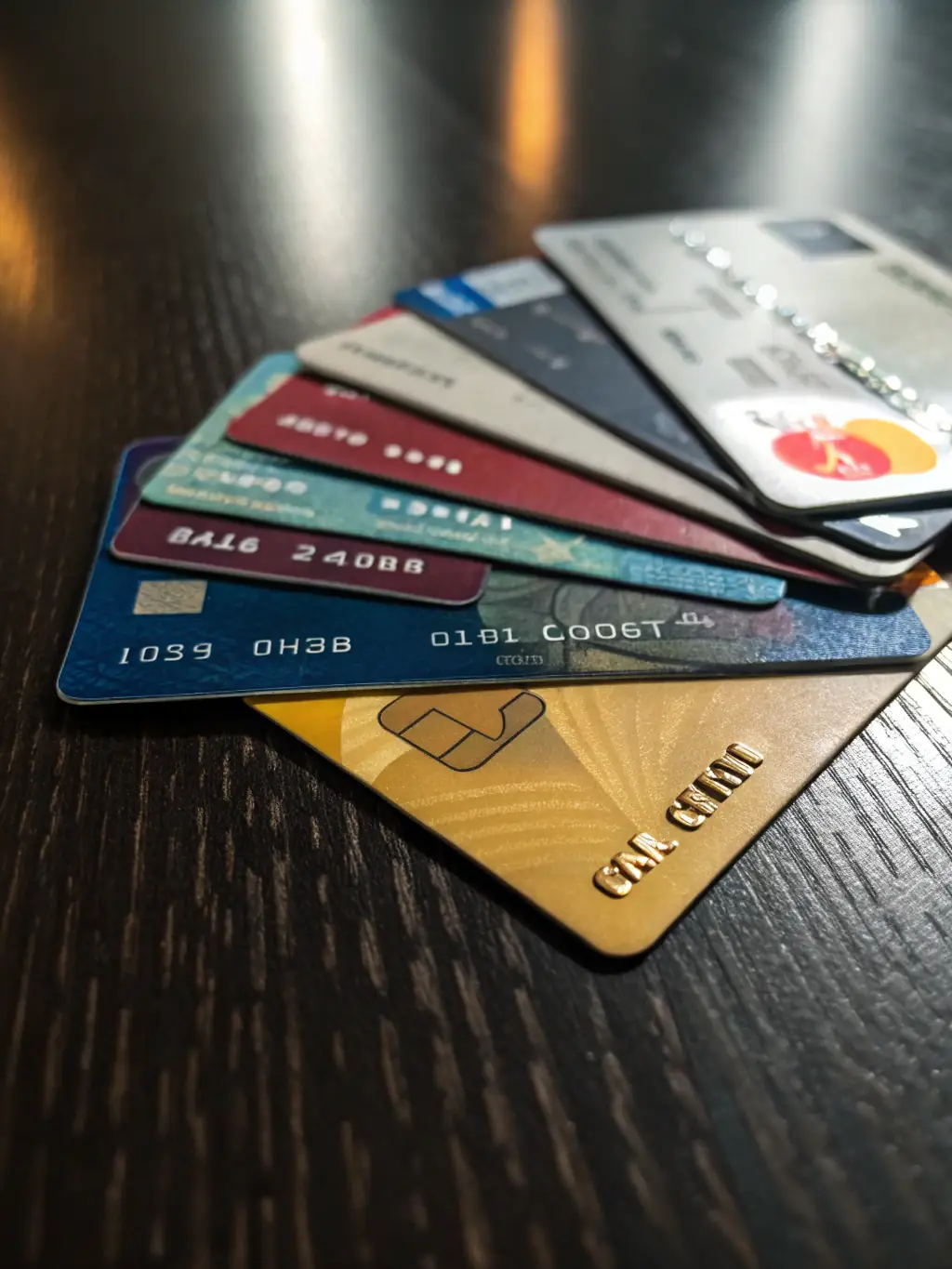 A close-up shot of various credit cards (Visa, Mastercard, Amex) neatly arranged, symbolizing the wide range of payment options Secure Processing supports for online transactions.